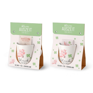 Geschenkset Auszeit "Glück für dich - Schweinchen", bestehend aus Tasse, Tee, Schokolade, VE: 4 Stk.