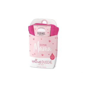 Geschenkset: Wellnessdusche "Supermama", bestehend aus Handtuch + Duschgel, VE: 4 Stk.