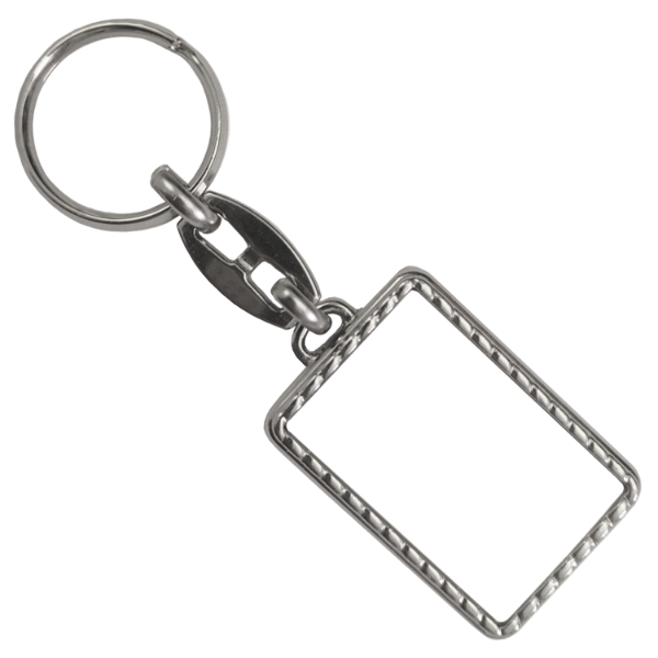 Schlüsselanhänger aus Metall mit Bordüre und individuellem Druck, VE: 12 / 48 / 96 Stk.